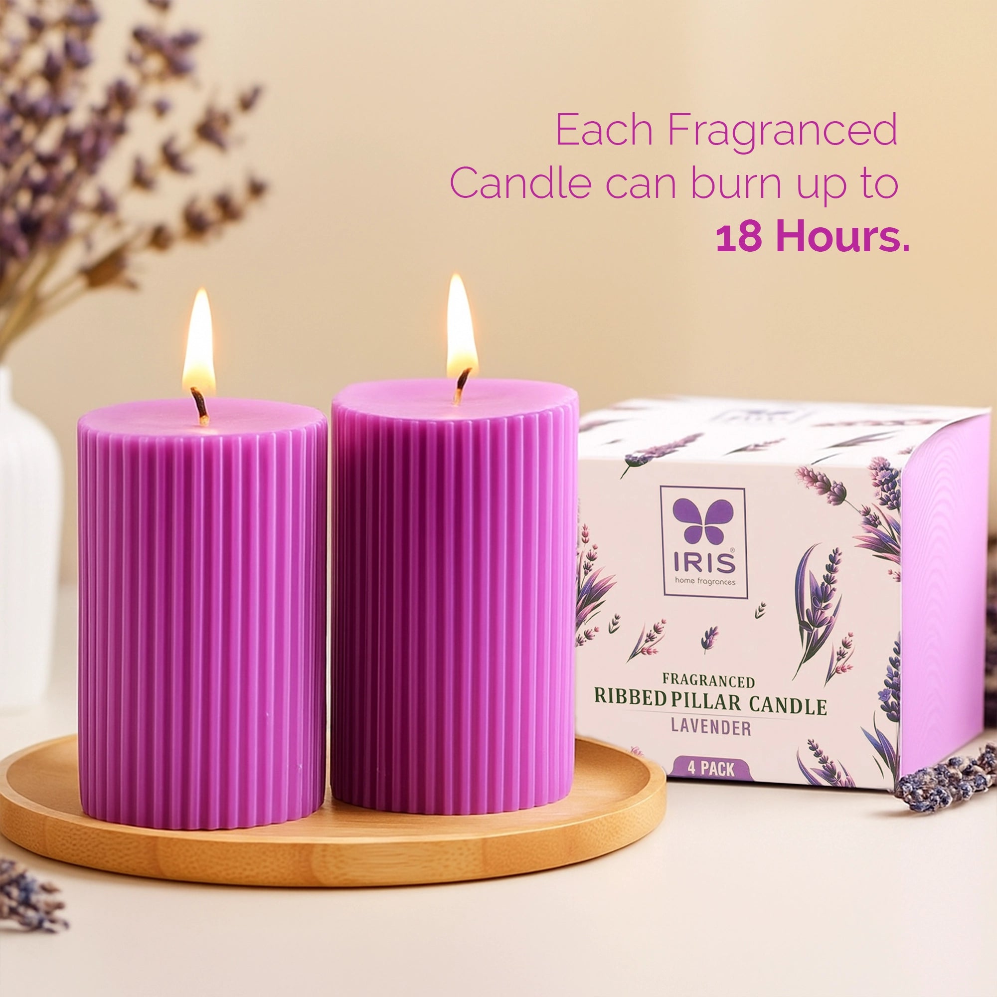 IRIS Lavender Fragranced Pillar Candles Pack of 4