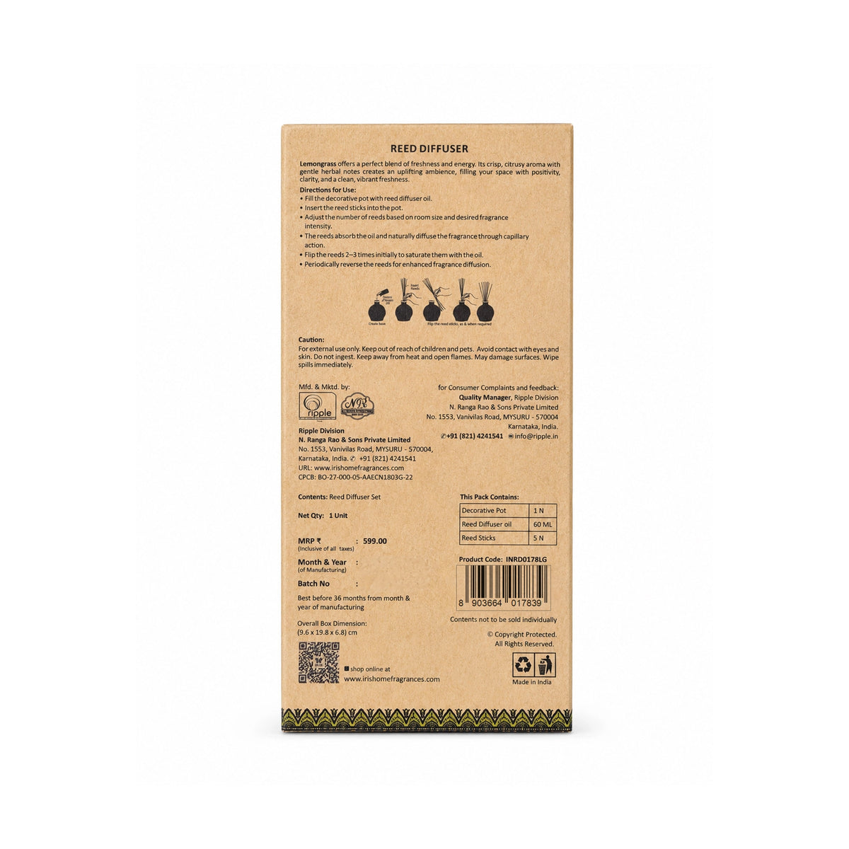Lemongrass Ceramic Aroma Reed Diffuser Set | Ethnic Packaging | 60ml