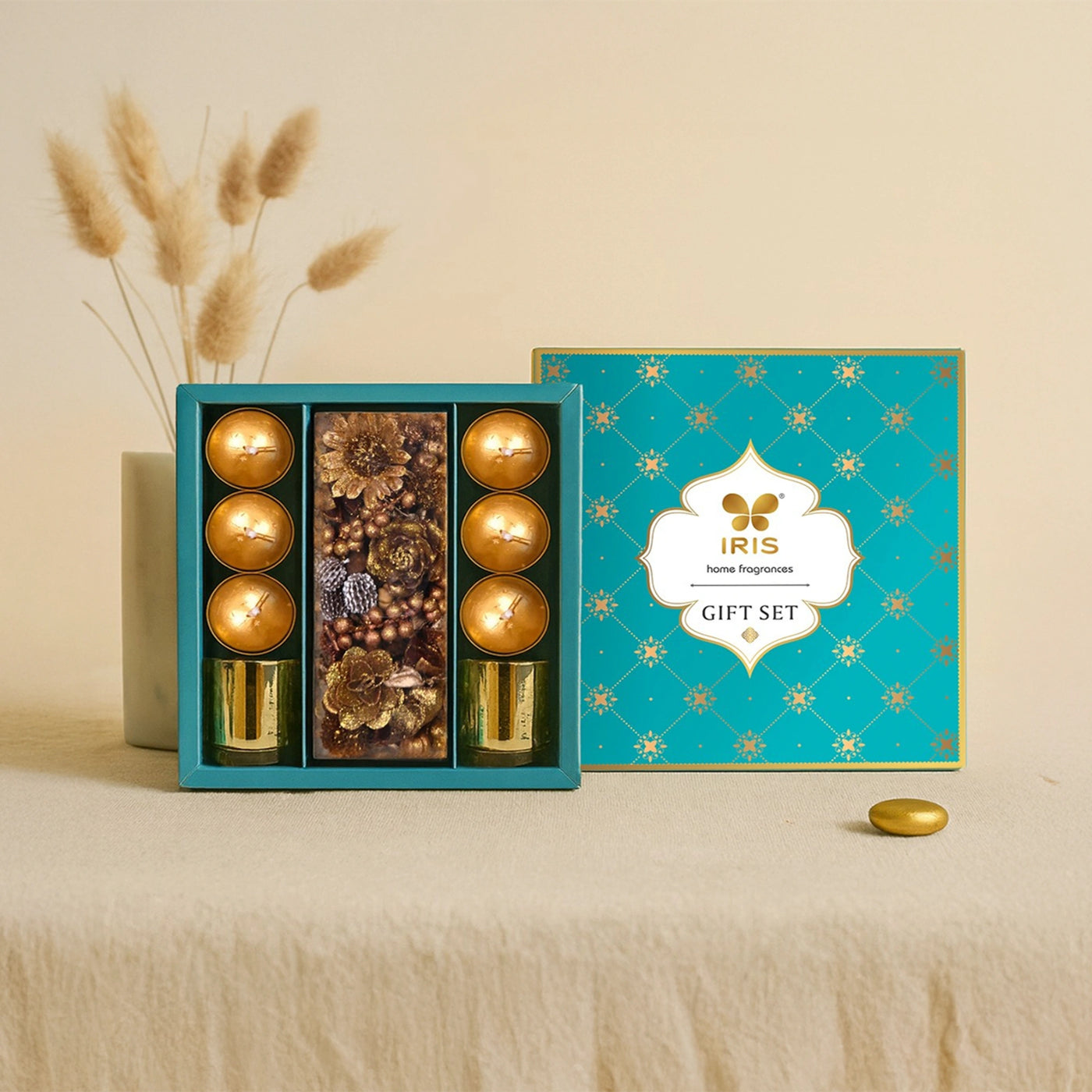 An IRIS candle and home decor gift box