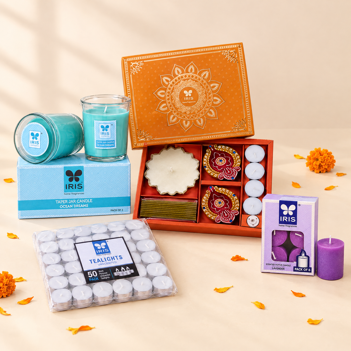 IRIS Diwali Festive Combo: Festive Gift Set with diyas and urli candle, Ocean Dream taper jar candles, 50 unscented tea lights and lavender votive candles