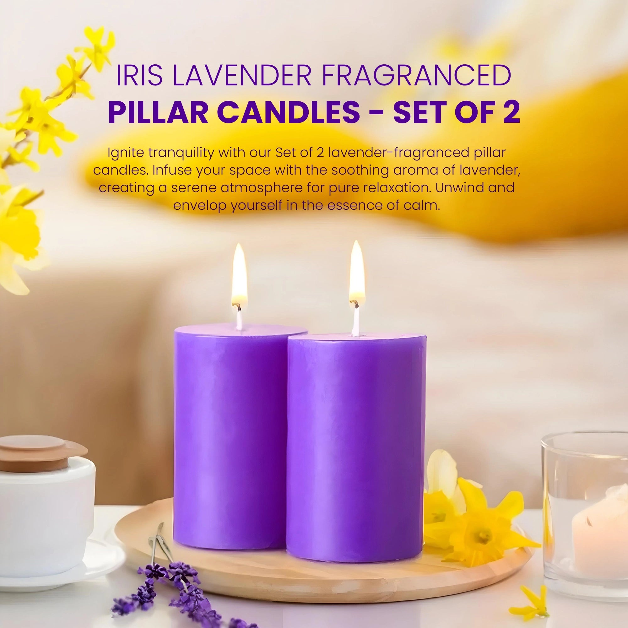 IRIS Lavender Fragranced Pillar Candles - Set of 2