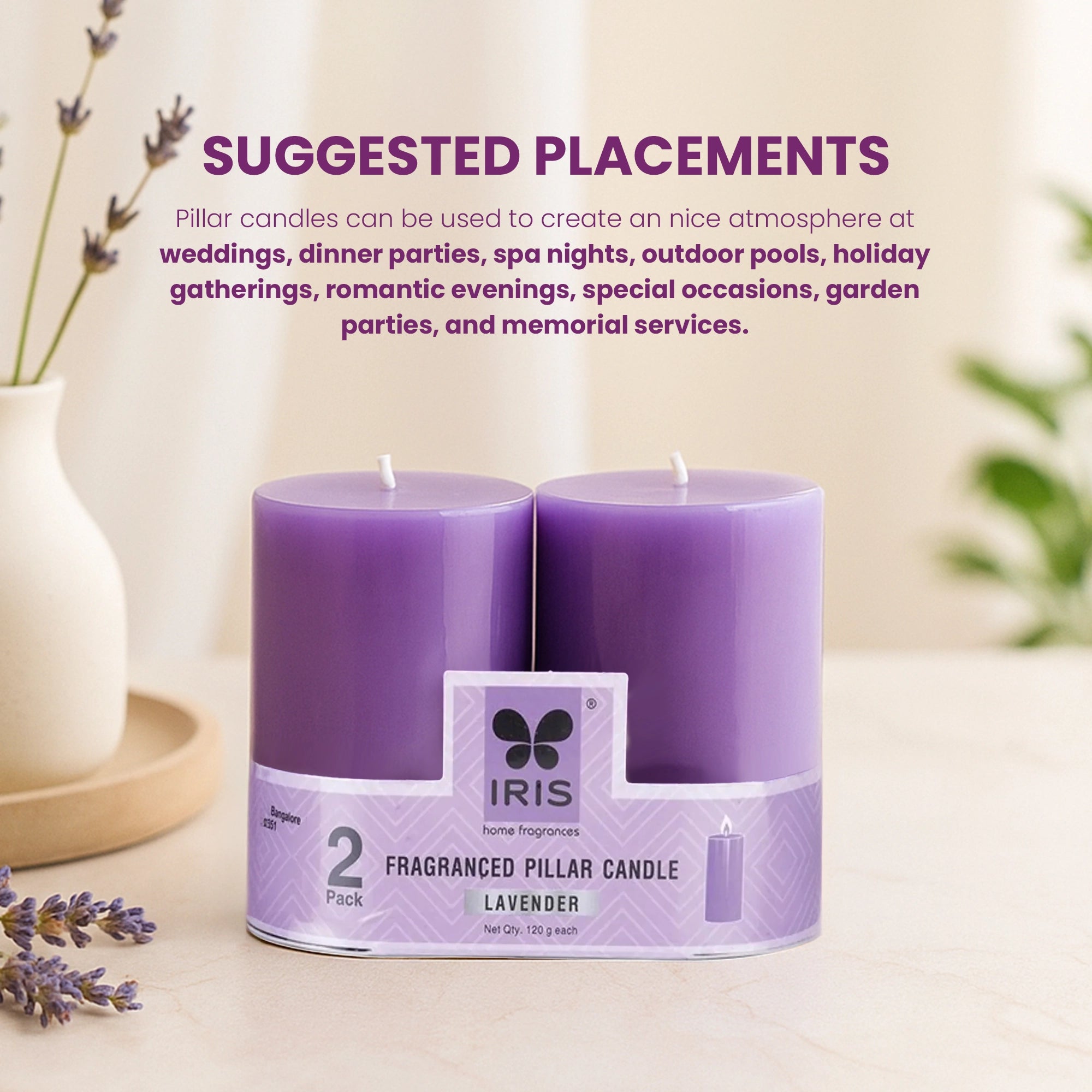 IRIS Lavender Fragranced Pillar Candles - Set of 2
