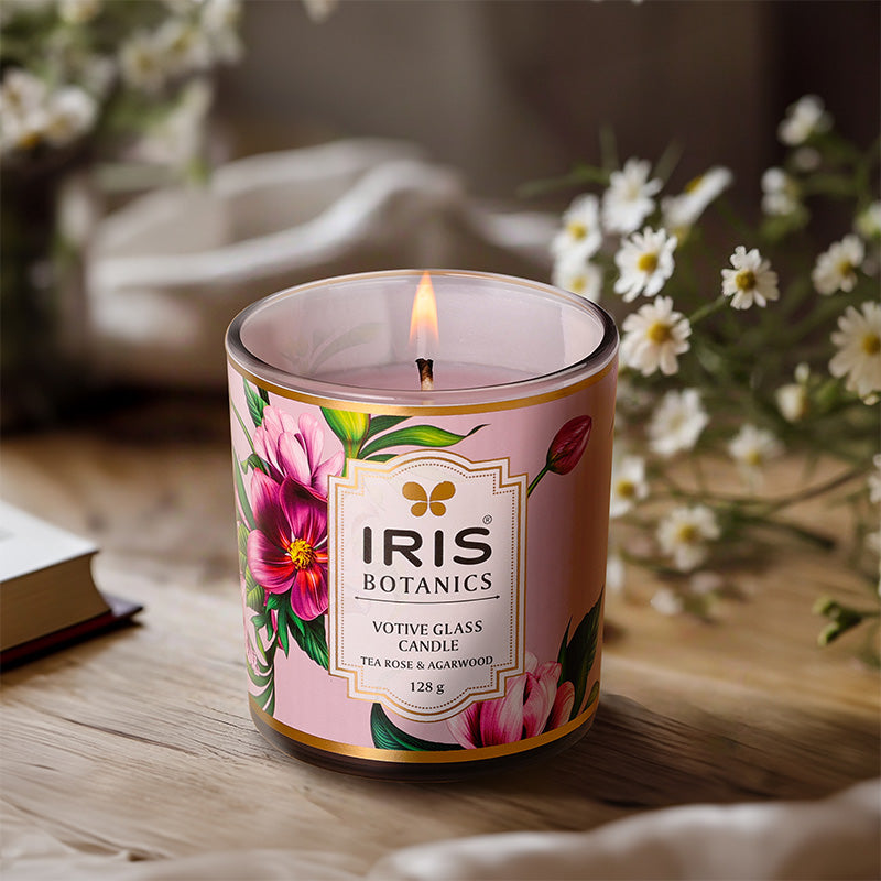 IRIS Botanics Votive Glass Candle (128gm)-Tea Rose & Agarwood